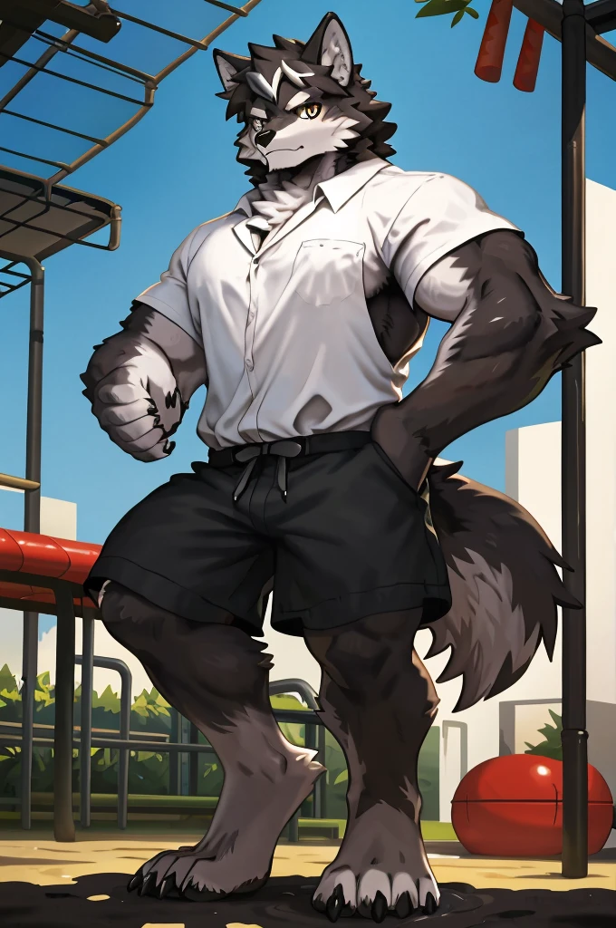 (Strong arms),(Strong legs),masterpiece, best quality, Official Art, Extremely detailed CG unified 8k wallpaper, Ultra Detailed, Best Illustration, , Ink fur, hairy male, Wolf Boy, hairy, Ink fur, 1 Boy,, male focus,, Striped hair, Wolf ears, Animal ears, Single speaker, Ink fur, Bangs, dark hair, White highlights, Medium Hair, Solitary, Ink tail,hairy尾巴,(Black pupil),High target,(In a school playground),,barefoot,(Sexy),((High target and strong)),side,(Delicate eyes:1.2),Inky eyes,male,Solitary,(Inky pupils),(Detailed face),(Sharp eyes),Permanent,(Detailed hands),(Foot details),aldult,type,Moderate,Long legs,(Detailed fingers),(Delicate eyes),(White shirt),(Black shorts),easy,