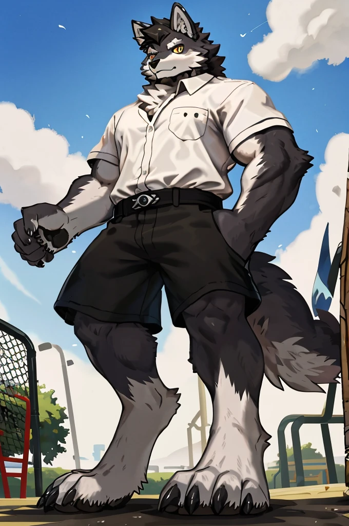 (Strong arms),(Strong legs),masterpiece, best quality, Official Art, Extremely detailed CG unified 8k wallpaper, Ultra Detailed, Best Illustration, , Ink fur, hairy male, Wolf Boy, hairy, Ink fur, 1 Boy,, male focus,, Striped hair, Wolf ears, Animal ears, Single speaker, Ink fur, Bangs, dark hair, White highlights, Medium Hair, Solitary, Ink tail,hairy尾巴,(Black pupil),High target,(In a school playground),,barefoot,(Sexy),((High target and strong)),side,(Delicate eyes:1.2),Inky eyes,male,Solitary,(Inky pupils),(Detailed face),(Sharp eyes),Permanent,(Detailed hands),(Foot details),aldult,type,Moderate,Long legs,(Detailed fingers),(Delicate eyes),(White shirt),(Black shorts),easy,
