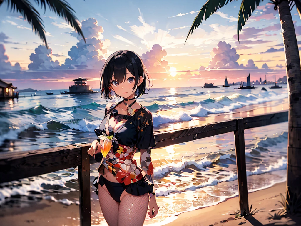 Japanese，woman，adult，Age 35，Black Hair，short hair，slender，Beach，summer，bikini，Having a cocktail，horizontal line，sunset，Backlight，Palm tree，cumulonimbus