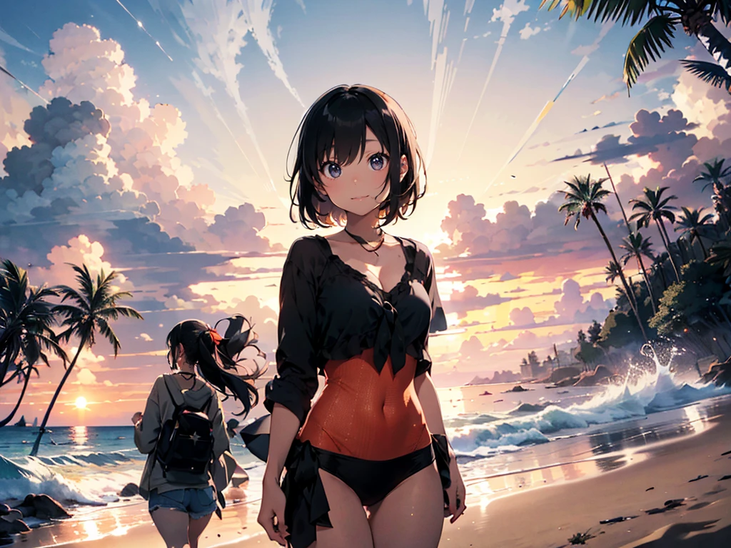 highest quality,masterpiece,Black Hair,Nudist Beach,Completely naked,JK,Nipples,pubic hair,More than one person,friend,Pleasant memories