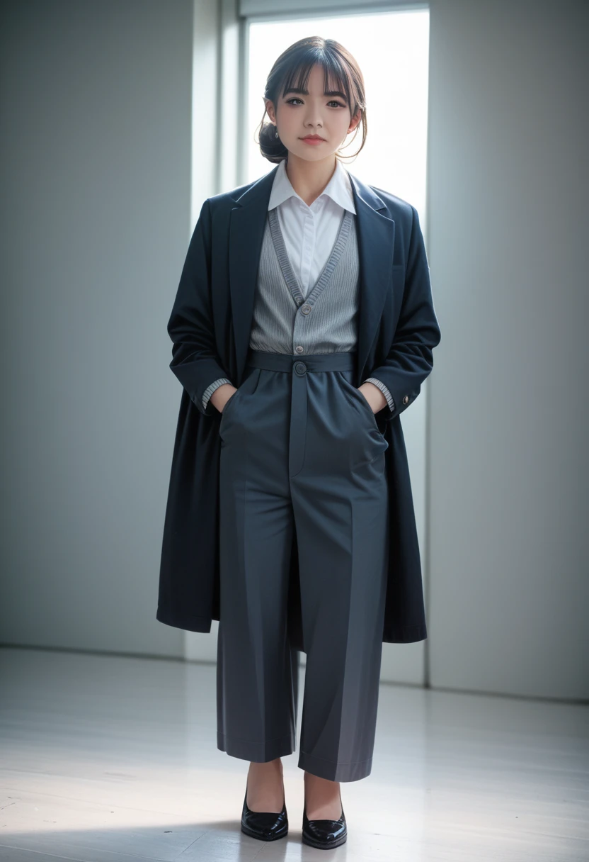 8k, raw photo, best quality, masterpiece, realistic, photo realistic, clear, professional lighting, beautiful face, best quality,ultra high res, realistic japanese beautiful, Super detailed, 1girl,full body, jacket, open
