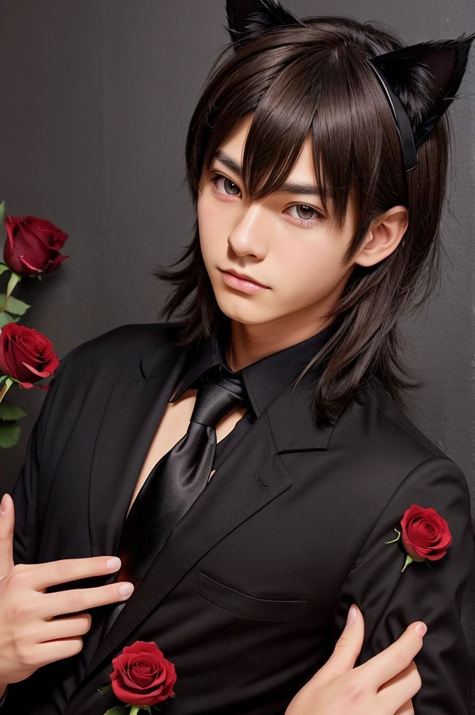 Create a close-up profile picture of an anime boy with cat ears. He should have brown hair and be dressed in a black shirt, a black blazer, and a red tie. The background should be filled with red roses.