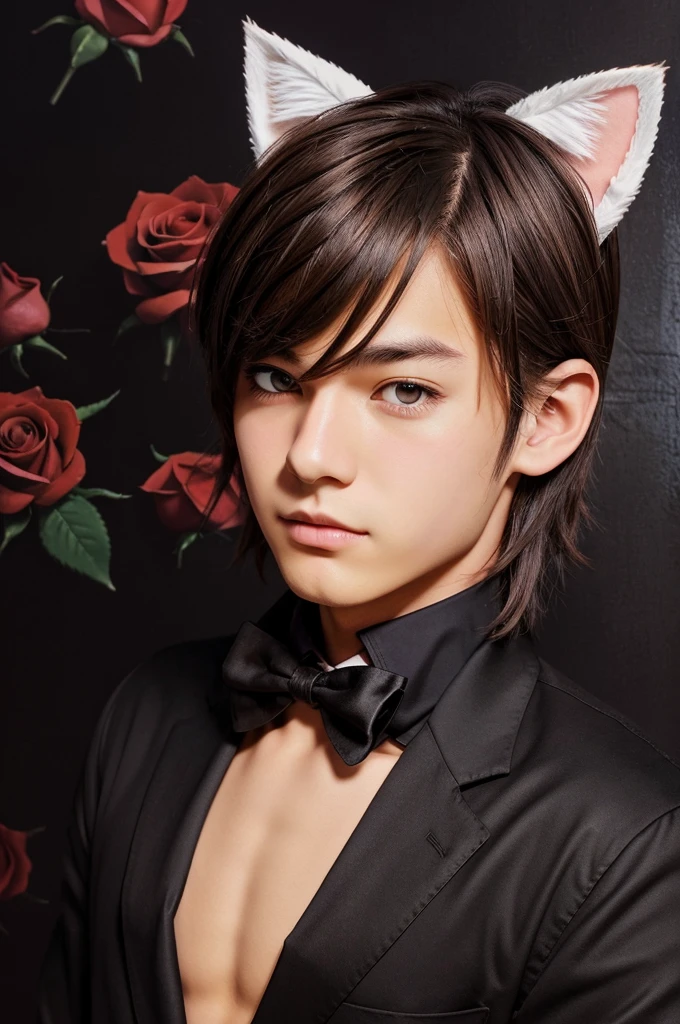 Create a close-up profile picture of an anime boy with cat ears. He should have brown hair and be dressed in a black shirt, a black blazer, and a red tie. The background should be filled with red roses.