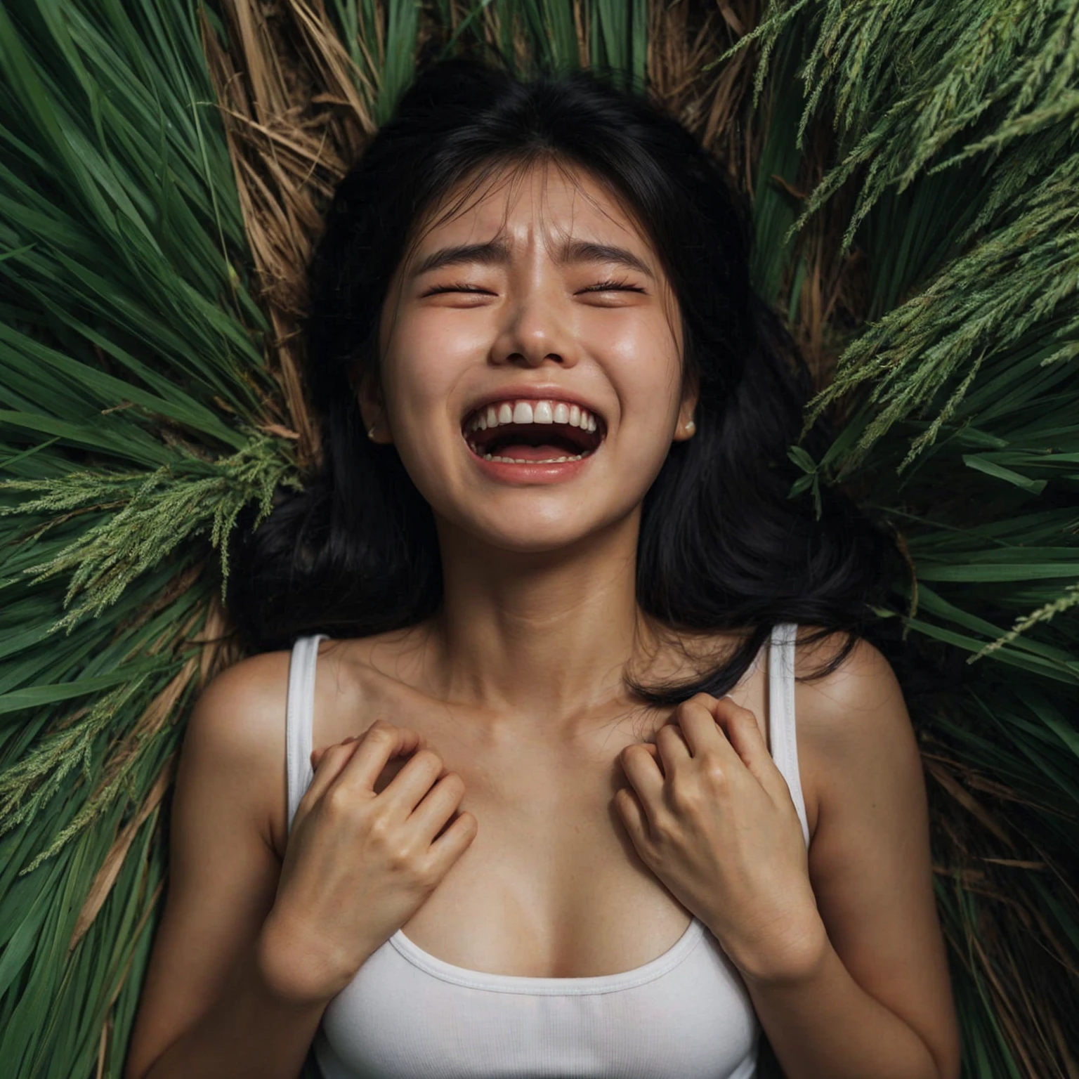 a young korean women, cry, face facing upwards. wear a white tanktop, Sweating. captured from above high angle. lying in a pile of Among the lush grass, a hands holding her shoulders. slightly chubby. cheerfully