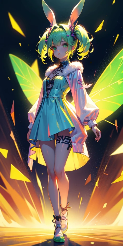 Rabbit technique , Science Fiction, Fluffy ,
1 girl, Tattoo, Glowing tattoo, Glowing eyes, Colorful glowing hair , Full body love, Green Hair,
Kawaiitech, Soft colors, Kawaii, Lovely colors,