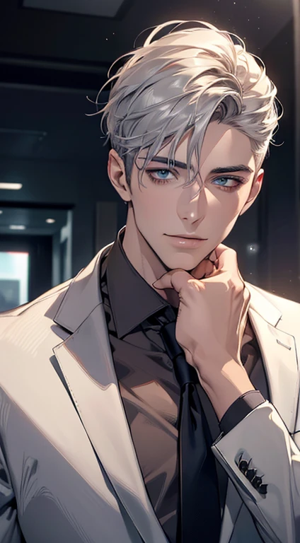 (Highest quality,4K,8K,High resolution,masterpiece:1.2),Super detailed,(Realistic,photoRealistic,photo-Realistic:1.37),1 person,31 years old,Mature Men,Beautiful skin, very handsome,Expressionless,smile in love,Short silver hair,blue eyes,Sharp Eyes,A perfect face without a doubt,Businessman, CEO,Office Background,Cinema Lighting,HDR image,tie、