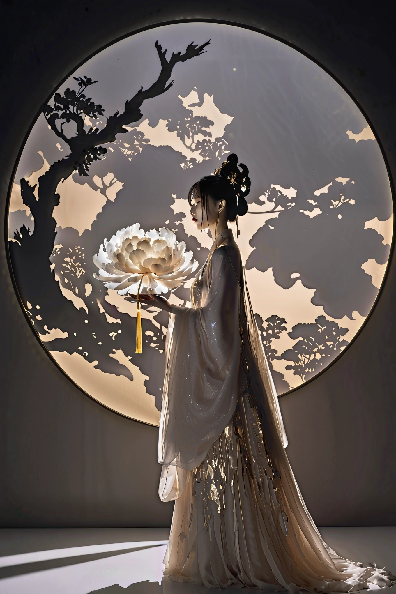 Vibrant rim light, In a country full of magic, Silhouette of a Chinese girl illuminated, Gorgeous and luxurious Hanfu,As if radiating light from the inside out, Floating elegantly in this fantasy space. mysterious clouds, shimmering gold and silver, surround her, Reminiscent of the immortals descending into the mortal world. in her slender hands, She holds a radiant peony in her hand, its glow contrasts with its shadow. The moment the petals dance in the wind, Cast a playful shadow, Beautifully immortalized by artists. Glowing lights and shimmering shadows dance around her body, Evoking the elegance of traditional ink painting, But the dynamic interplay of light and dark. This masterpiece combines the vision of a modern artist, Use the brilliance of Hanfu to highlight the strong dramatic effect of light and shadow, Produce extremely abstract and bright artwork. luxury, avant-garde, chic, editorial, magazine style, professional, intricate details, ambient lighting, rake light., bright rim light, high contrast, bold rim light