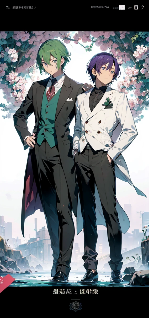 anime characters dressed in formal clothes standing next to each other, an album cover inspired by Okumura Masanobu, Trends in CG society, neo-romanticism, two handsome anime men, one man with green hair and the other man with purple hair, akehiko inoue y ross tran, two men, elegant anime key visual, beautiful androgynous prince, Sakimichan and Frank Franzzeta, androgynous prince
