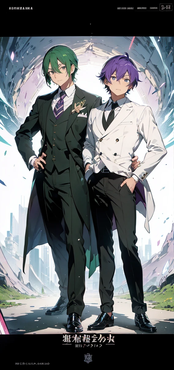 anime characters dressed in formal clothes standing next to each other, an album cover inspired by Okumura Masanobu, Trends in CG society, neo-romanticism, two handsome anime men, one man with green hair and the other man with purple hair, akehiko inoue y ross tran, two men, elegant anime key visual, beautiful androgynous prince, Sakimichan and Frank Franzzeta, androgynous prince