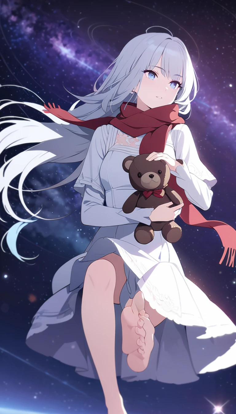(((masterpiece))), (((best quality))),(((high detail))),light manipulation, girl with long silver hair, gradient purple to sky blue eyes, wearing a white dress, a red scarf, galaxy background, holding a teddy bear, feet, no footwear