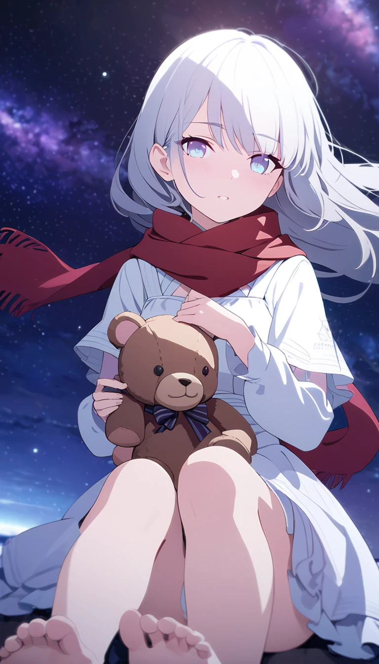 (((masterpiece))), (((best quality))),(((high detail))),light manipulation, girl with long silver hair, gradient purple to sky blue eyes, wearing a white dress, a red scarf, galaxy background, holding a teddy bear, feet, no footwear