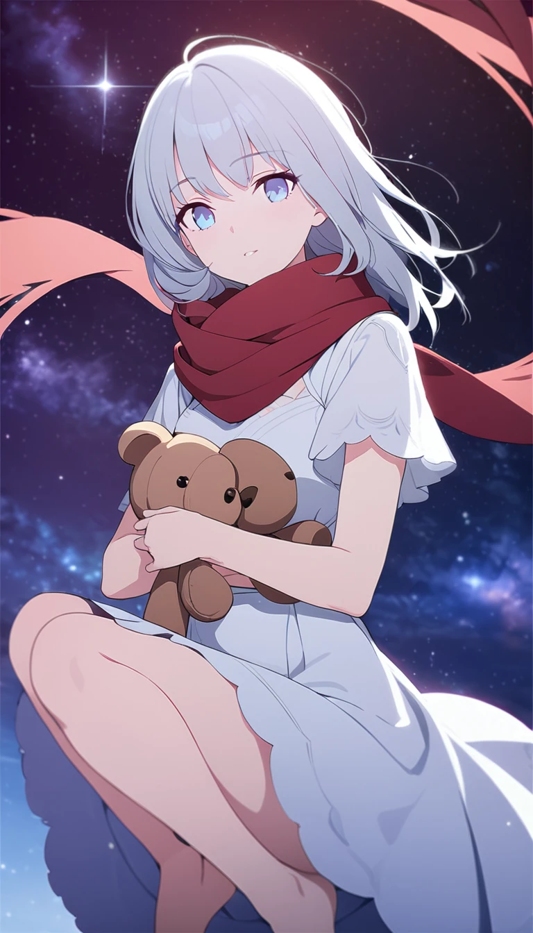 (((masterpiece))), (((best quality))),(((high detail))), girl with long silver hair, gradient purple to sky blue eyes, wearing a white dress, a red scarf, (((li))), (((ch) , galaxy background, holding a teddy bear, feet, no footwear