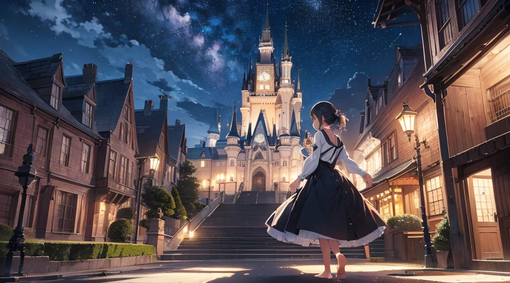 midnight、12 o'clock、Big Clock、Grand staircase in the castle、Cinderella runs away barefoot