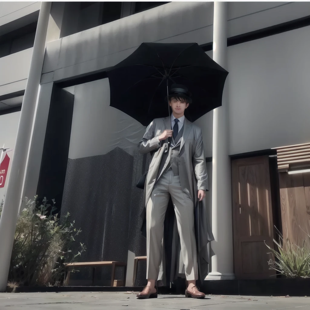 realistic, there is a man in a suit and tie holding an umbrella, detective clothes, ferred - themed robes and hat, realistic