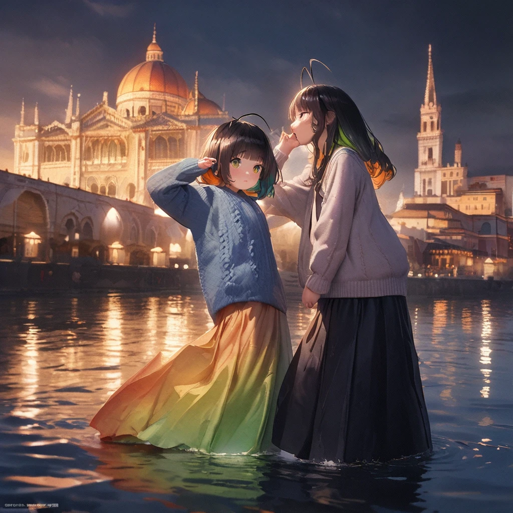 (masterpiece, photo_real, official art, octane-render):1.4, (watercolor painting, aesthetic art, pale tone):1.33, 2 girls, Stretching and yawning, busty, elementary school student, short height, cherubic face, (detailed green eyes, jet-black long hair,colored inner green ombre hair multicolored hair,antenna hair):1.21, 1 side tail, cheerful, (in deep blue knit cardigan, white linen long skirt),
BREAK,
another 1 girl is (detailed brown eyes, jet-black hair,colored inner orange ombre hair multicolored hair, curly):1.21, Venetian cityscape, riverside, majestic church, light caustics, water surface reflection,