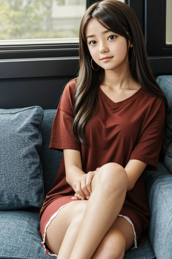 A girl sitting on a couch waiting for her to be dressed up and excited for it to be a story type anime, a young girl of about 15 years old