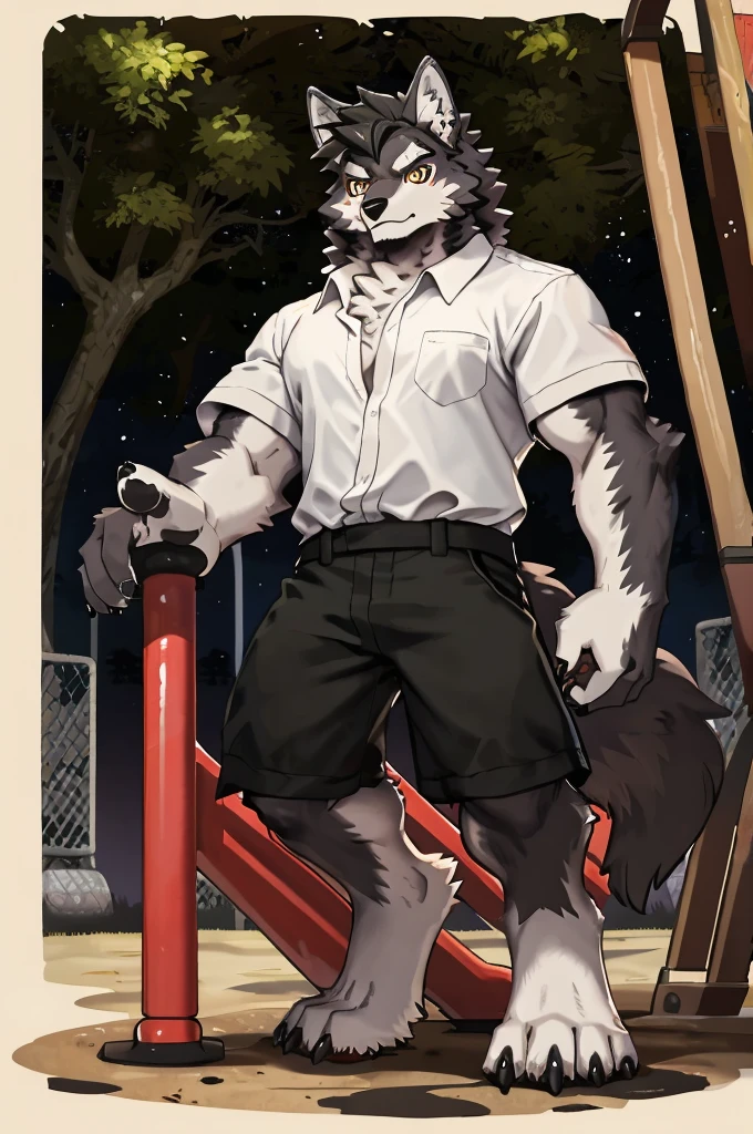 (Strong arms),(Strong legs),masterpiece, best quality, Official Art, Extremely detailed CG unified 8k wallpaper, Ultra Detailed, Best Illustration, , Ink fur, hairy male, Wolf Boy, hairy, Ink fur, 1 Boy,, male focus,, Striped hair, Wolf ears, Animal ears, Single speaker, Ink fur, Bangs, dark hair, White highlights, Medium Hair, Solitary, Ink tail,hairy尾巴,(Black pupil),High target,(In a school playground),,barefoot,(Sexy),((High target and strong)),side,(Delicate eyes:1.2),Inky eyes,male,Solitary,(Inky pupils),(Detailed face),(Sharp eyes),Permanent,(Detailed hands),(Foot details),aldult,type,Moderate,Long legs,(Detailed fingers),(Delicate eyes),(White shirt),(Black shorts),easy,