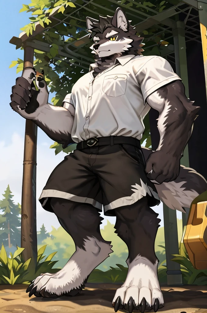 (Strong arms),(Strong legs),masterpiece, best quality, Official Art, Extremely detailed CG unified 8k wallpaper, Ultra Detailed, Best Illustration, , Ink fur, hairy male, Wolf Boy, hairy, Ink fur, 1 Boy,, male focus,, Striped hair, Wolf ears, Animal ears, Single speaker, Ink fur, Bangs, dark hair, White highlights, Medium Hair, Solitary, Ink tail,hairy尾巴,(Black pupil),High target,(In a school playground),,barefoot,(Sexy),((High target and strong)),side,(Delicate eyes:1.2),Inky eyes,male,Solitary,(Inky pupils),(Detailed face),(Sharp eyes),Permanent,(Detailed hands),(Foot details),aldult,type,Moderate,Long legs,(Detailed fingers),(Delicate eyes),(White shirt),(Black shorts),easy,