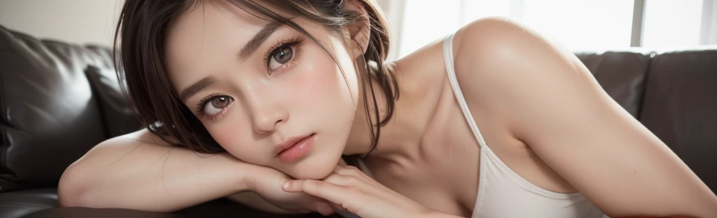 One Girl，(1人のとてもcute女の子，Golden Ratio:1.3)，masterpiece，Highest quality，High resolution，whole body，Photorealistic，RAW Photos，Ray Tracing，beautiful girl，(15 years old:1.3)，cute，Big eyes，(detailed pupils:1.2)，(The face is facing forward:1.3)，Cute nose，Beautiful nose，Upturned nose，Fuller lips，Short brown hair，ponytail，short hair，Detailed eyelashes，Thin eyebrows，Very fine grain definition，(Symmetrical eyes:1.3)，(whole bodyショット，From the side:1.0)，Small breasts，Short neck，Beautiful feet，Slender and slender legs，White swimsuit，bikini，barefoot，People emerge，sofa，Portrait，View Viewer，Lift your chin，Stand up straight，Lying face down，A dreamy look，Ecstatic expression，Cinema Lighting，Soft Light，Very detailed