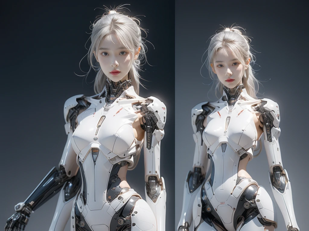 {{best quality, 1080P, Masterpiece, Ultra high resolution, photorealistic, ultra realism, Realistic skin texture, Extreme skin detail, dslr, Detailed eyes, Facing the camera, very beautiful face, Concise facial structure, Pale skin, Realistic skin texture, Extreme skin detail, oc render reflection textures, Realistic light and shadow, Single picture, alone, gray hair, The body is slim and balanced., Age 20, Height 170, naked girl, Nude, sexy pose, no underwear, A girl with the body of a mechanical robot., Transparent futuristic black glass mech armor suit, The mechanical cervix is attached to the neck., The robot circuit is stuck in the middle of the back., flat stomach, Girl with perfect robot arms and legs, full body view, Whole body photo.}}