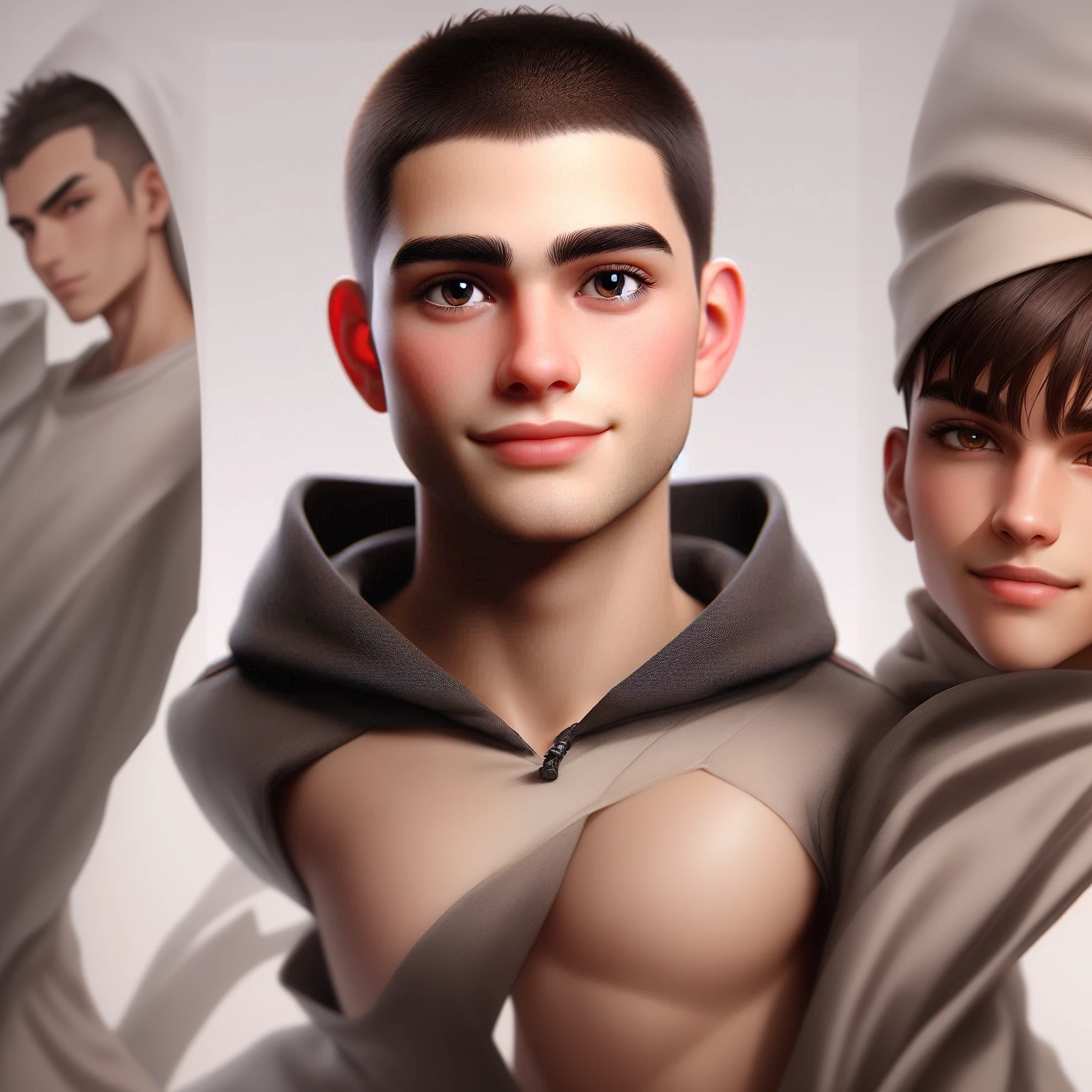 A young man with short, buzz-cut dark brown hair, round face, expressive dark brown eyes, thick and well-defined eyebrows, small to medium slightly rounded nose, full lips with a friendly and warm smile, medium and rounded ears slightly sticking out, wearing a casual hoodie with a hood adjusted around the neck, overall posture upright showing confidence and warmth, skin with a smooth and slightly shiny appearance, adding subtle texture details to hair and clothes for a more realistic touch while maintaining a cartoon style.