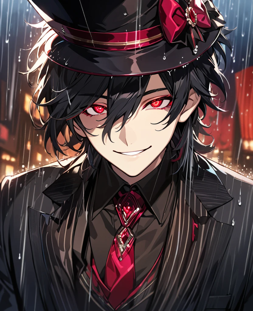 (black_hair), (deep_ruby_eyes), (detailed_eyes), (smile), (attractive), (theater_background), (raining), (glowing_eyes), (male), (wearing _a_black_suit), (long_male_hair), (detailed_Hair), (detailed), (detailed_mouth), (top_hat), (close_up)