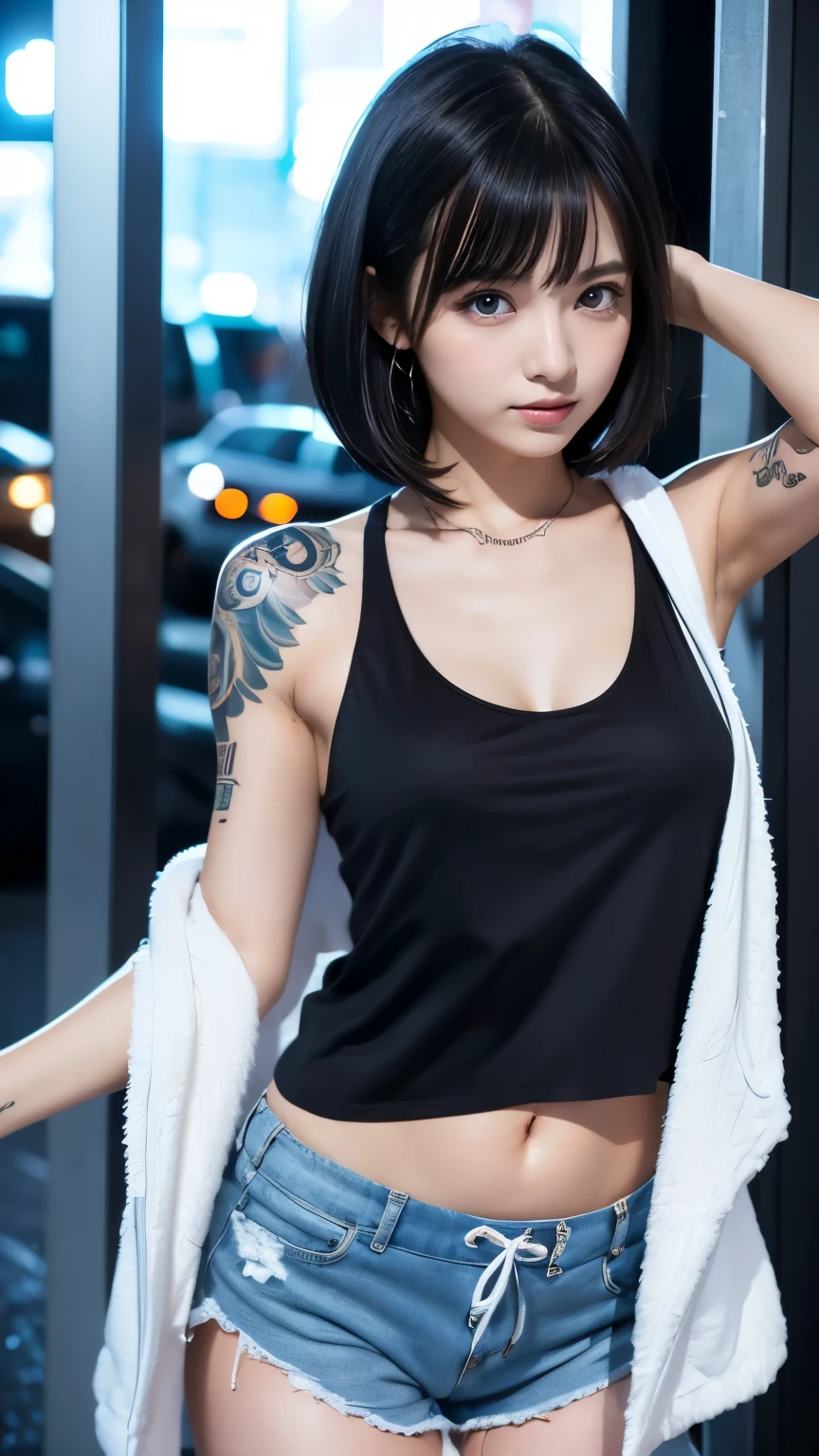 High resolution、1 female、girl、Black Hair、short hair、Slanted Eyes、blue eyes、thin、hoodie、fur、Tank top、Shorts、belly button、Tattoo stickers、Night view
