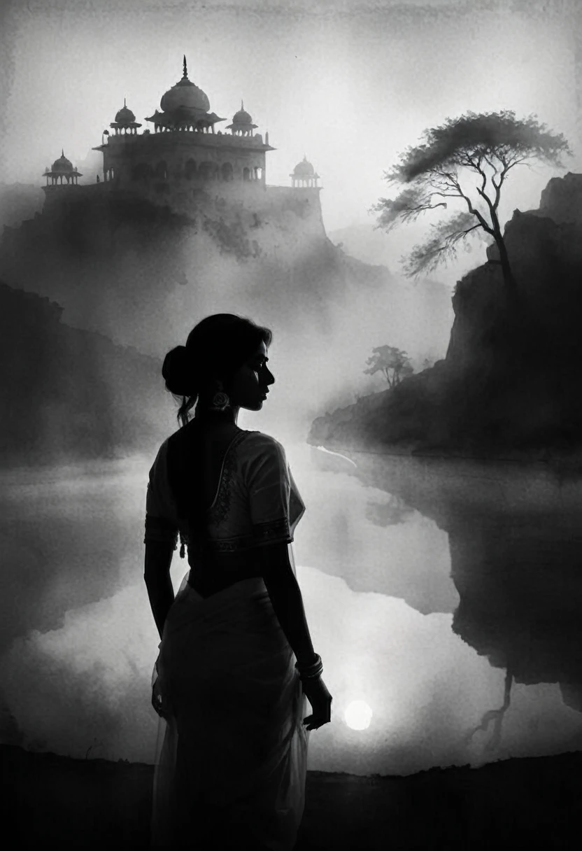 High Quality illustration,ultra detailed, Beautiful picture of A painting of a indian beauty, Silhouette, Fog, cinematic shot, haze lighting, 16k, uhd, blurry masterpiece,cinematic, epic, monochrome, ink