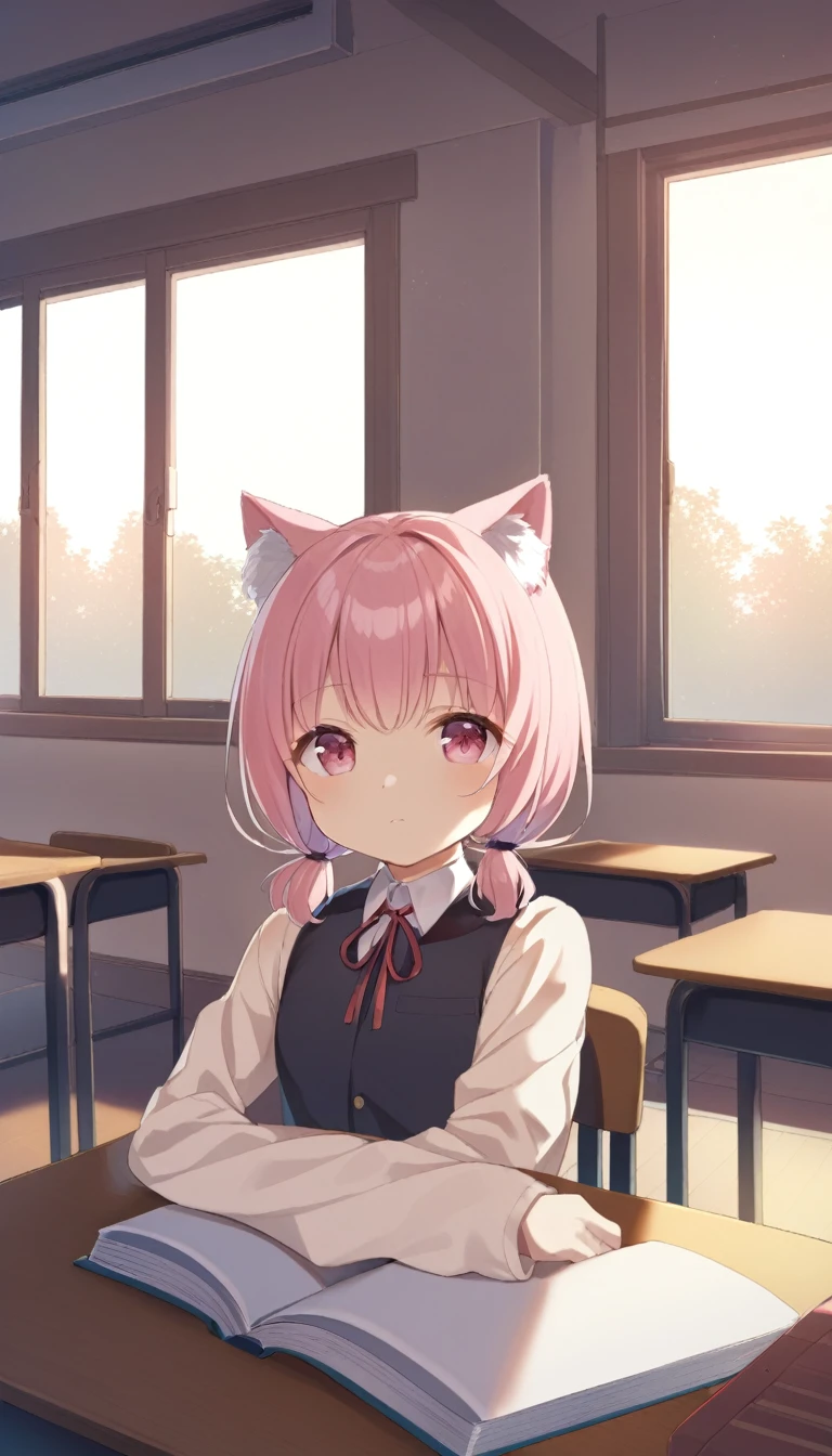 1Men, , short hair, Low Twintails, fuzzy twintails, Right-colored hair, cat ears, fluffy animal ears, pink eyes, classroom, window, book, table,chair, dawn, Portrait, upper body,children's toys