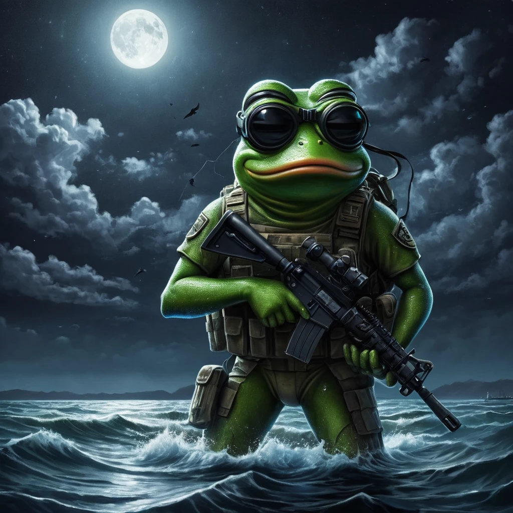 Tactical Navy Seals (Pepe the Frog:1.2) Coming out of the water in the middle of the night,Equipped with night vision goggles and weapons,dark,Stealth Background,Capturing the essence of covert military operations. The scene is wide,Showcasing the vastness of the night sea and sky,Enhances the atmosphere of secrecy and danger.,baby_frog,