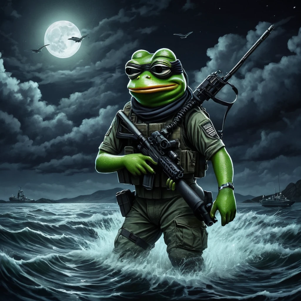 Tactical Navy Seals (Pepe the Frog:1.2) Coming out of the water in the middle of the night,Equipped with night vision goggles and weapons,dark,Stealth Background,Capturing the essence of covert military operations. The scene is wide,Showcasing the vastness of the night sea and sky,Enhances the atmosphere of secrecy and danger.,baby_frog,