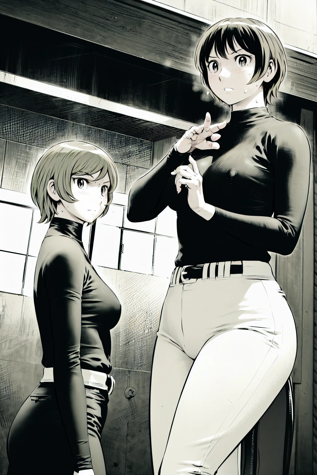 (野球uniform:1.2),
blonde, (short hair:1.2),Long sleeve, Black Shirt, turtleneck,White trousers、uniform、Black belt、((People illustrations))、big 、
View your audience,, (Highest quality:1.3),One Girl, White pants、uniform、Outdoor、baseball ground、ground、soil、blue eyes、Tight black shirt、(masterpiece、Highest quality)、Highest quality, Ultra-high resolution, (((masterpiece))), alone, Sweat、big eyes、big Breasts、Torn clothes、 Fully exposed、Nipples、One Girl, Front view、Embarrassed face、Bronze colored hair、((short hair))、Stand up straight、Cowboy Shot