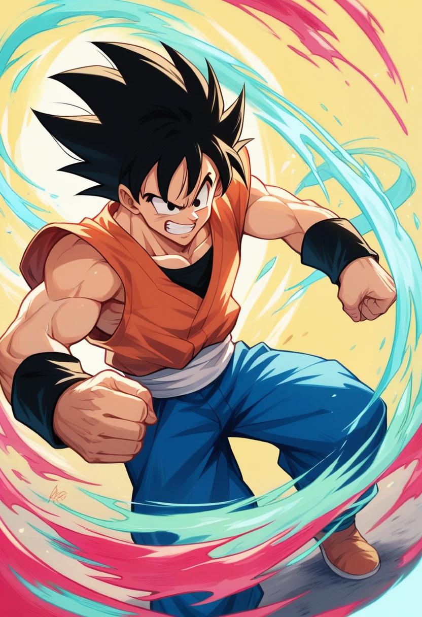 An action-packed anime scene featuring Goku in Ultra Instinct form fighting Luffy in Gear 5 form. The setting is a vibrant, explosive battlefield with bright energy blasts and dramatic poses. Goku's silver aura and flowing hair contrast with Luffy's elastic, powerful form as they clash in a high-energy duel