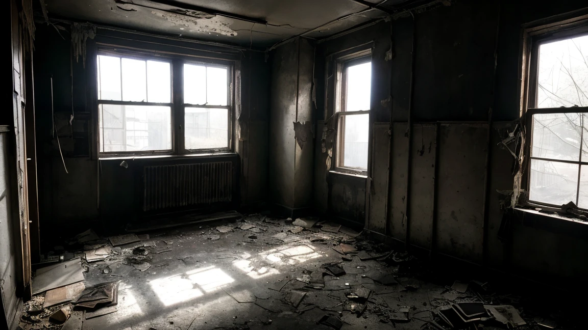 a dark and dirty room, barred window, realistic, hyper detailed, high resolution, photorealistic, cinematic lighting, dramatic chiaroscuro, gritty, moody, grunge, dust motes, cobwebs, peeling paint, dramatic shadows, warm color palette, natural lighting, intricate details, imperfections, worn textures, atmospheric, melancholy, abandoned, decrepit