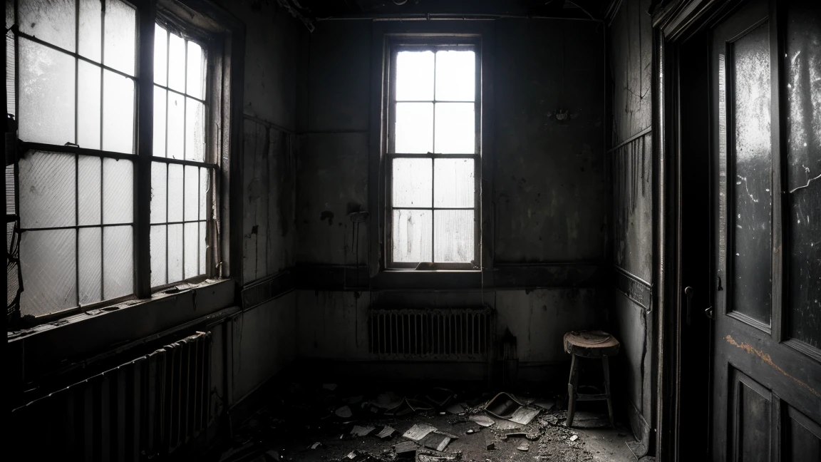 a dark and dirty room, barred window, realistic, hyper detailed, high resolution, photorealistic, cinematic lighting, dramatic chiaroscuro, gritty, moody, grunge, dust motes, cobwebs, peeling paint, dramatic shadows, warm color palette, natural lighting, intricate details, imperfections, worn textures, atmospheric, melancholy, abandoned, decrepit