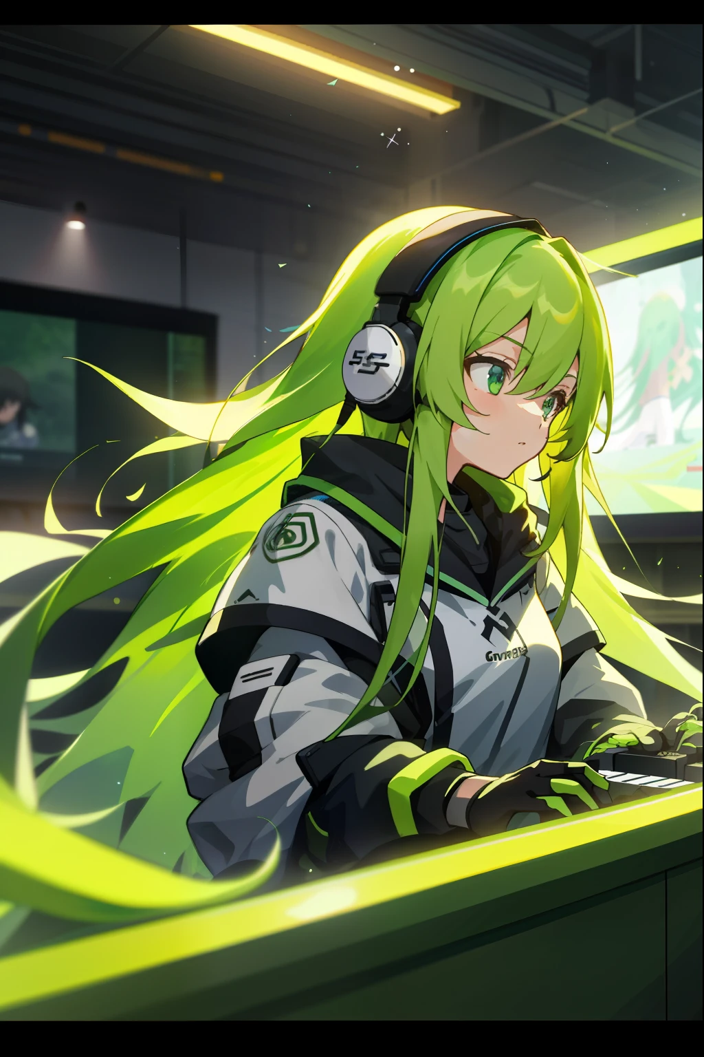 Girl,Green long hair,E-Sports,Play video games, indoor,headphones, Noise-cancelling headphones,Gu Weiss, Detailed digital anime art, beautiful anime artwork, Anime Fantasy Artwork,Simple background,Soft Light