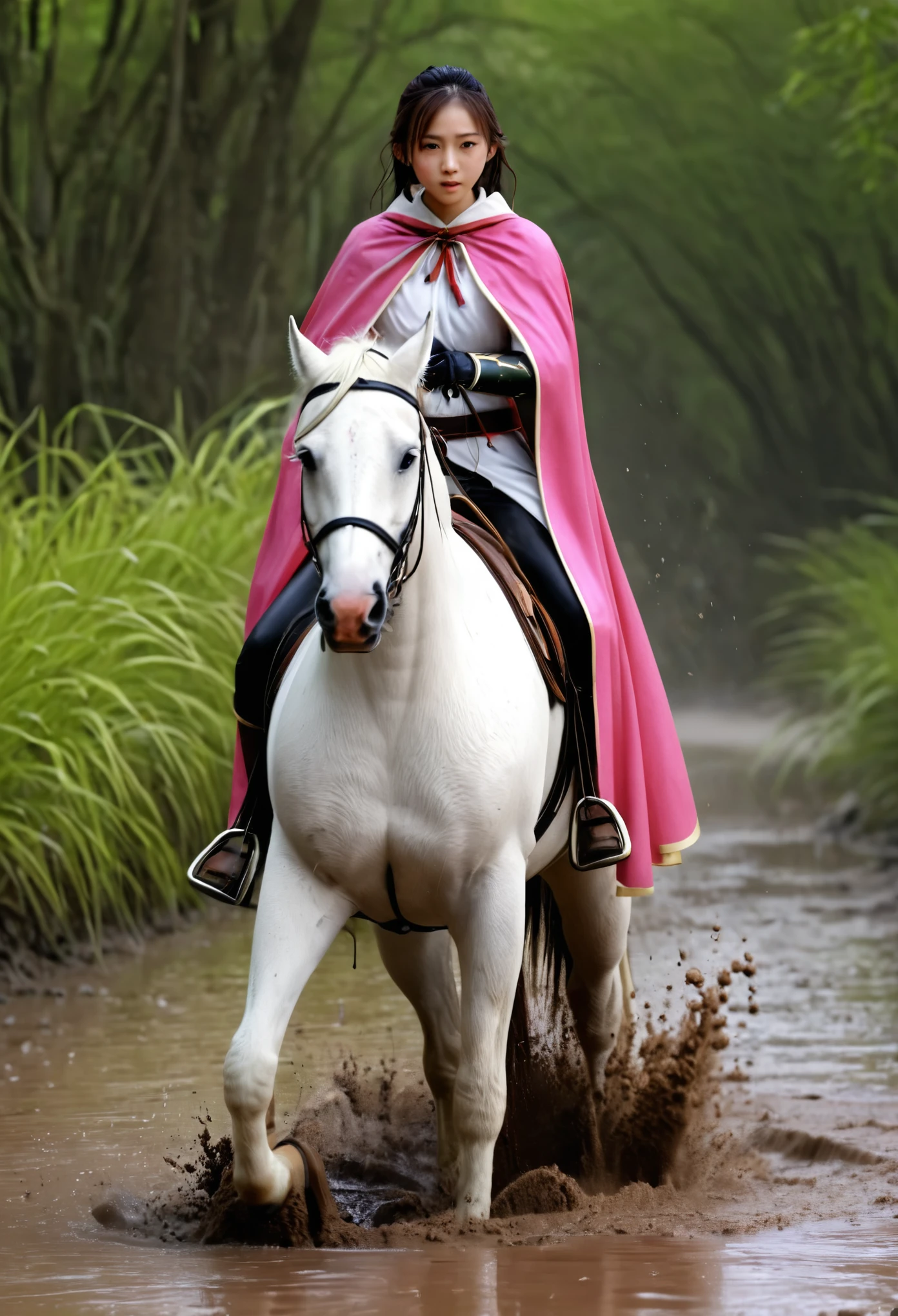 (((masterpiece))),(((Highest quality))),((Tabletop:1.4, Highest quality)), (Realな写真:1.4),
((1 cute girl knight)),rodeo,horse standing,Surprised face,stumble,aggressive,slouch,horse standing, prancing horse in pitfall,cute,Napoléon horse sliped in pitfall,in the pitfall,Uplifting,
(超High resolution:1.2),, wonderful, Very detailed CG Unity 8k wallpaper, Very detailed, High resolution,fat horse ridden by japanese girl,Plump,Double,Pink armor and cape,Soaking in the swamp,Mud Splash,
Soft Light, Beautiful detailed girl, Droopy eyes,Very detailedな目と顔, Beautiful and exquisite nose, Beautiful and exquisite, horse ridden by a girl can't stand up because its drowned in the sticky muddy pitfall:10.0 ,Displeased face:4.0,Real,Stir,Anatomically correct,action horse riding scene while struggle fighting