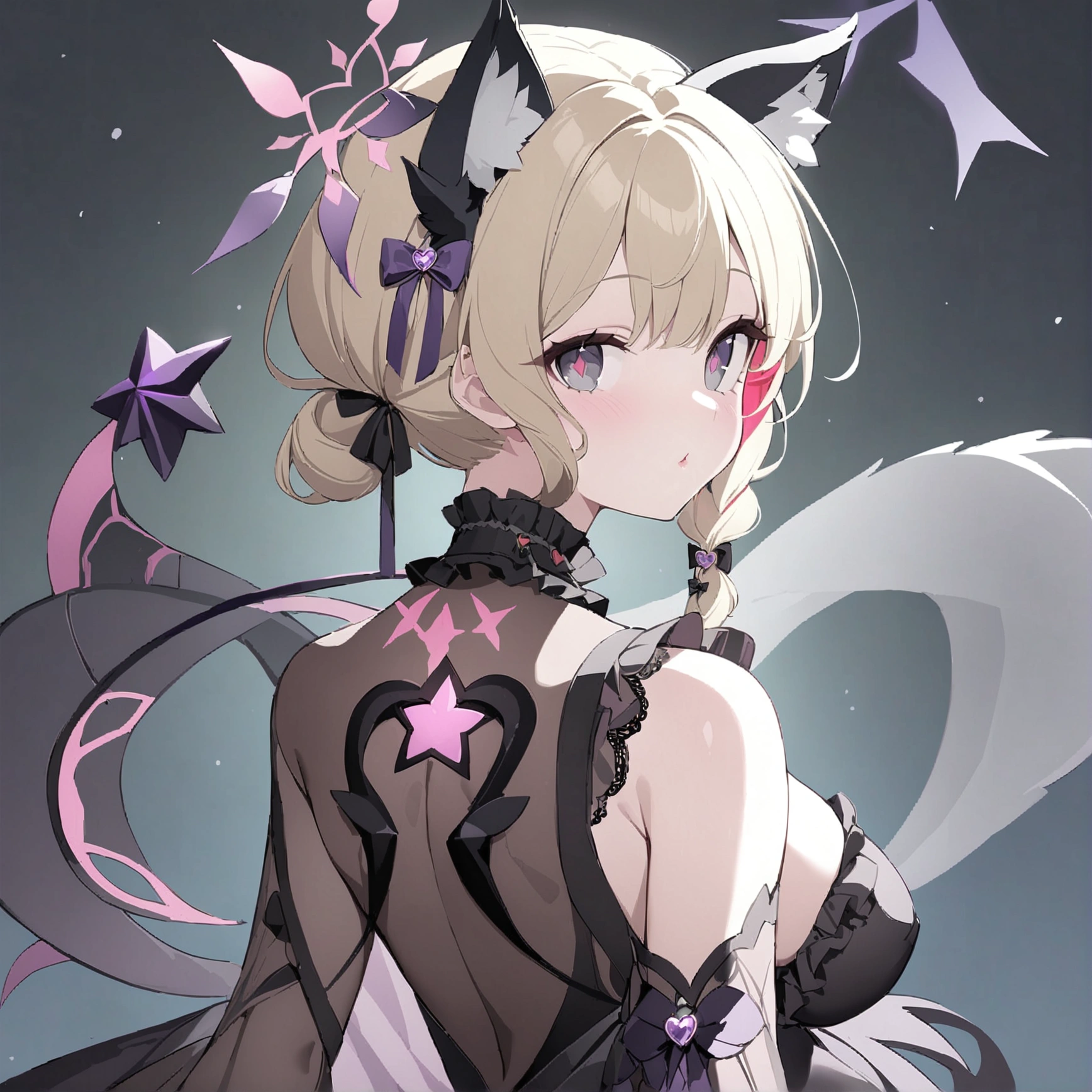 Woman 170cm tall, big chest, wide hip. (character design sheet: Full body front view). (blonde hair, waist-length curly wavy hair with a short center strand, She has a short braid tied with an elegant purple bow on the left side of her hair.. She has a short braid tied with an elegant purple bow on the right side of her hair. She has small ribbons in the back of her hair.). Gray eyes with a purple 4-pointed star in the pupil. Two black and purple serval ears located on the top of the head. Luminous black halo with purple star patterns above his head. black necklace with heart emblem on the neck. (Elegant one-piece long dress with lace and ruffle skirt, ribbon decorations and star patterns on the dress). black gloves. gray belt at the waist with a large ribbon with a luminous pink heart in the middle. He has a complex demon tail with a small purple star on the tip.. (It has complex mechanical legs that reach up to the thighs and are black with small purple details.). beautiful detailed hair, beautiful detailed dress. extremely detailed arms. extremely detailed face, small face, Beautiful detailed eyes, beautiful detailed lips. adorable. extremely detailed legs. (Best Quality, 4k, 8k, high resolution), ultra detailed, Exquisite and epic character art.