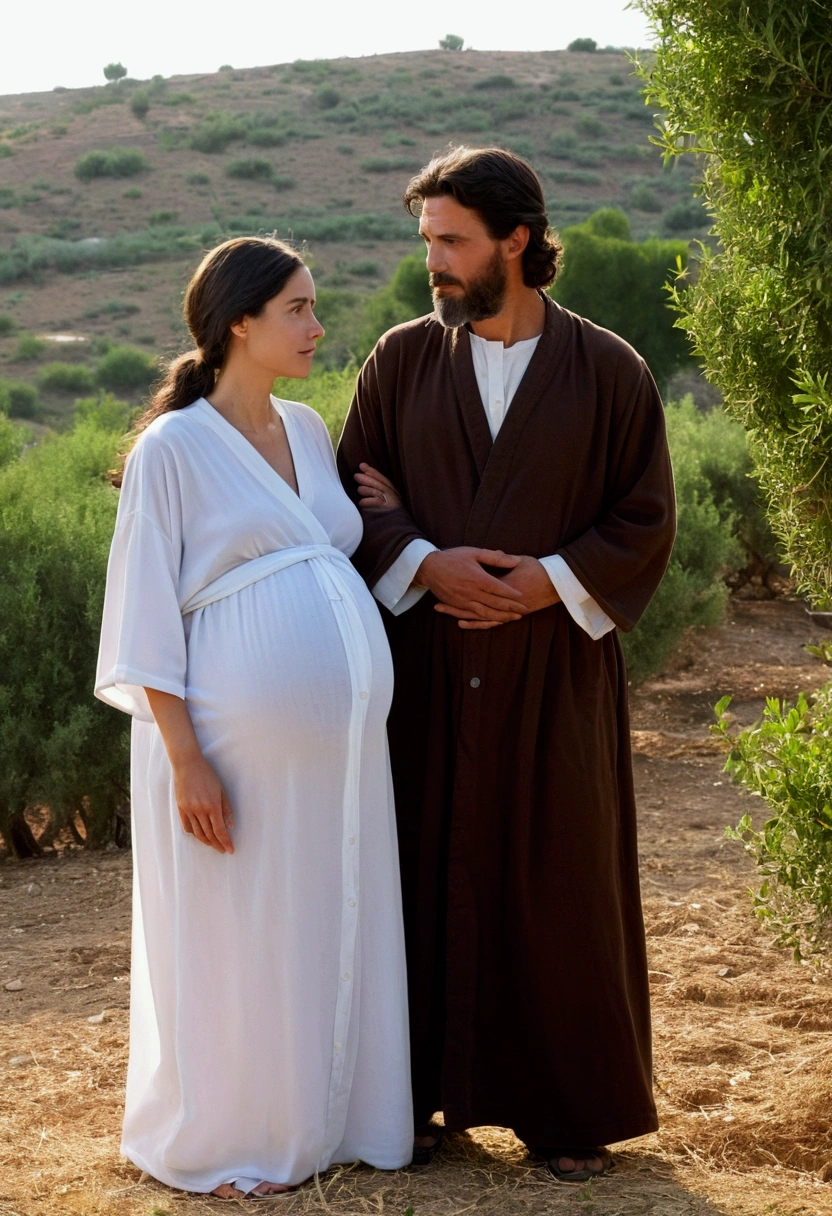 Maria, who has dark hair and dark brown eyes, is pregnant and her belly is noticeably round, indicating the imminent arrival of her baby.. She wears a simple, modest robe, typical of the period and Jewish culture, which gently envelops her body. Next to her stands José, her adopted husband, with dark hair and a beard, with an attentive and protective look at María and the  about to be born.. His expression is one of serenity and determination, showing his responsibility and care as a foster father. Around them, the peaceful landscape of Palestine, with its gentle hills and green trees, creates a serene backdrop for this important moment.. The soft evening light bathes Mary and Joseph, highlighting their figures and emphasizing the beauty and peace of this period of waiting and hope..
