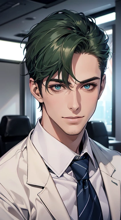 (Highest quality,4K,8K,High resolution,masterpiece:1.2),Super detailed,(Realistic,photoRealistic,photo-Realistic:1.37),1 person,31 years old,Mature Men,Beautiful skin, very handsome,Expressionless,smile in love,Short green hair,blue eyes,Sharp Eyes,A perfect face without a doubt,Businessman, CEO,Office Background,Cinema Lighting,HDR image,tie、