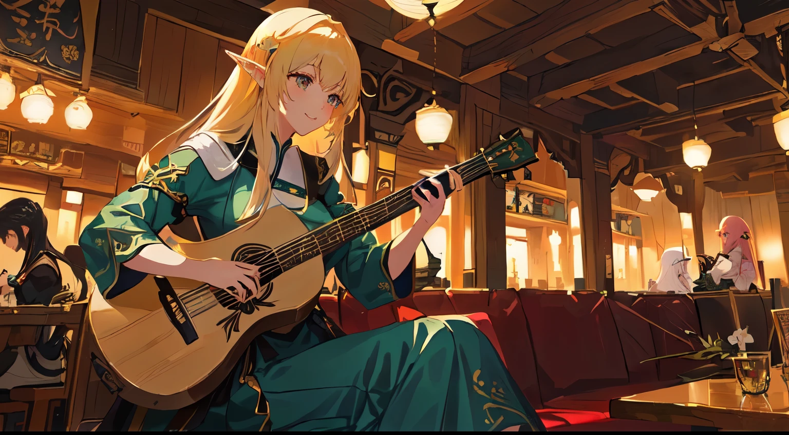 anime - style image of a woman playing the guitar in a restaurant, forest elf bard playing lute, elf girl, Grinning, a human bard, playing a guitar, non-style artwork by guweiz, Playing guitar, an elf queen, keqing do impacto genshin, is playing the lute, elf princess, guweiz no pixiv artstation