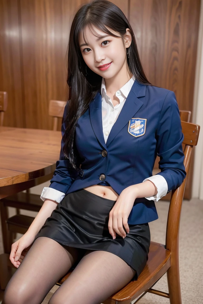 (8k), (highest quality: 1.2), (Realistic), (Realistic: 1.37), Ultra-high resolution, 1 girl, cute, Shiny skin,Blushing,smile, Mouth closed, Beautiful details, Beautiful Nose, whole body, Wet Hair, Giant Dulcefo, pork,Navel exposed,University Student Uniform,A simple blazer,Pleated skirt,Sit on a chair, shiny pantyhose