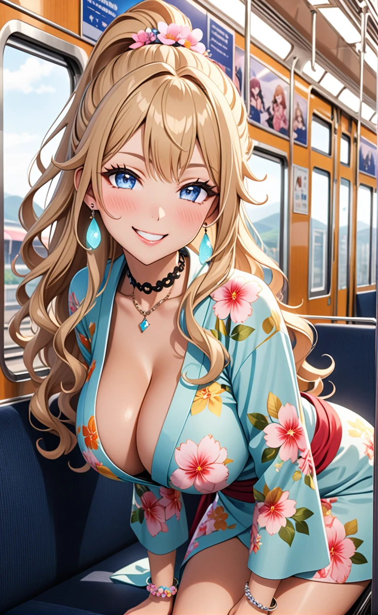 ultra-detailed, ((one girl)), in pastel colors gyaru, (heavy makeup),  hyper detailed, absurdres, 8K, Beautiful Face, (Laugh shyly), ((teasing smile:1.8)), ((Wink:1.5)), (Laugh with your mouth wide open),((Tilt your face:1.6)), ((full-face blushed:1.6)),Glossy Red Lips, (tan skin:1.5), ((Big Breasts:1.5)), ((show off breast)), ((undressing:1.2)),  noon, on the train, (Brighten your face), ((Anime style background)),masterpiece, Highest quality, so beautiful,Latest, Complex details, (Pink long nails), (nail art), (ring),(bracelet), (Floral Choker),AI-generated, Complex,High resolution, Highest quality, super high quality,3D Images、3D Images,One person, (Blonde long hair), (High Ponytail), (wavy hair:1.3), Pastel anime woman posing for a photo, ((Fine grain、blue eyes、glowing eyes:1.4)), (Squint your eyes:1.1),a hyperRealistic , hyperRealistic , Realistic,Long blonde anime woman, Smooth anime CG art, A girl in a gorgeous pastel-colored kimono, ((Pastel colored long sleeve kimono)),(Pink large floral pattern), Long flower hair ornament,Floral Earrings,Mature Body, tall, Tight waist,((Sit in the seat)), ((leaning forward:1.6)),   ((from side)), ((looking far away:1.5)),