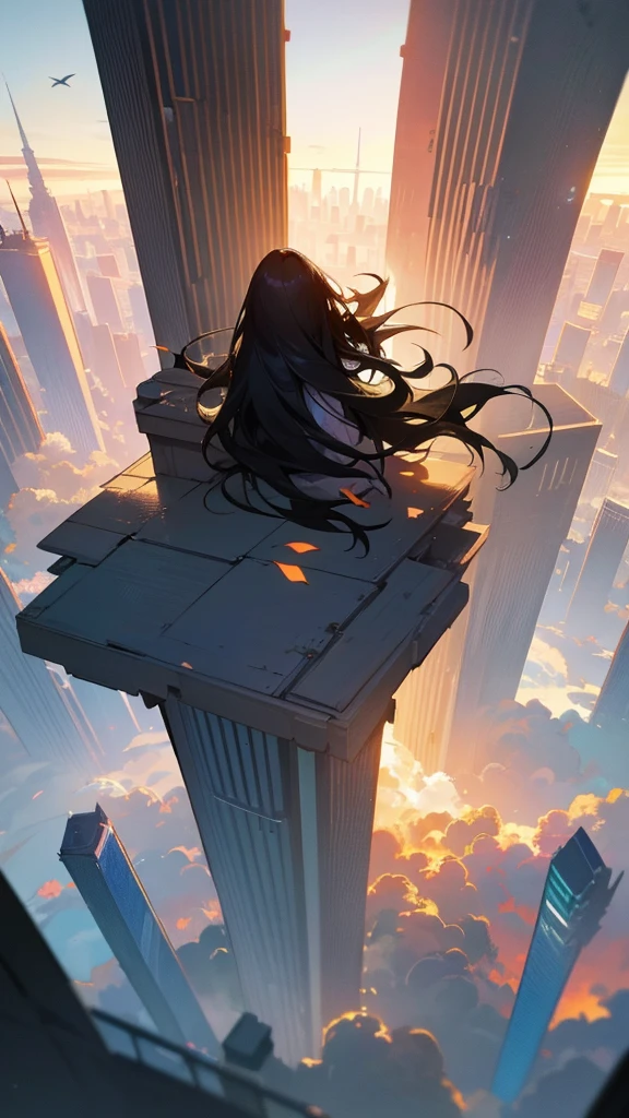 “A high-resolution, dynamic landscape scene from a bird’s-eye view, featuring a long-haired black-haired beauty sitting on the rooftop of a skyscraper, looking down. Her hair floats in the wind, and she is seen from behind. The scene captures a cityscape with tall buildings, under a vast sky with clouds and a sunset. The image should have detailed, movie-like lighting and colors.”