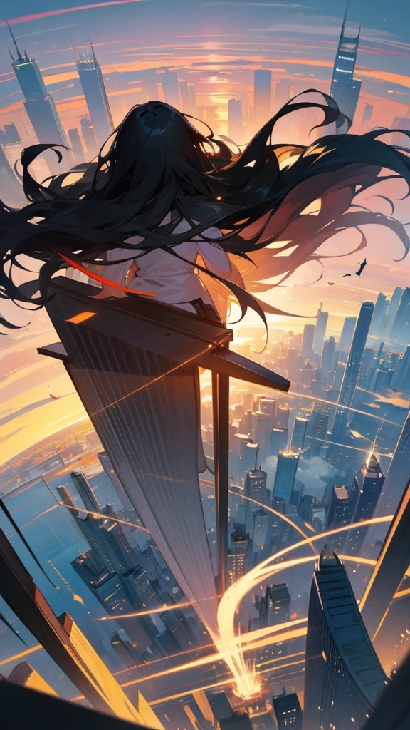 “A high-resolution, dynamic landscape scene from a bird’s-eye view, featuring a long-haired black-haired beauty sitting on the rooftop of a skyscraper, looking down. Her hair floats in the wind, and she is seen from behind. The scene captures a cityscape with tall buildings, under a vast sky with clouds and a sunset. The image should have detailed, movie-like lighting and colors.”