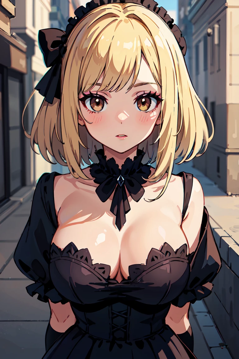 masterpiece, best quality, highly detailed background, perfect lighting, best quality, (extremely detailed face), volumetric lighting, intricate details, shadow, tonemapping, sharp focus, hyper detailed, trending on Artstation, (solo) ((Looking at the viewer)) .Girl with medium blond hair. Brown eyes. curvy. Blush, Clear skin. Big bust.((Gothic dressed)). Gothic shoes. ((Gothic makeup)) ((neighborhood neighbor))