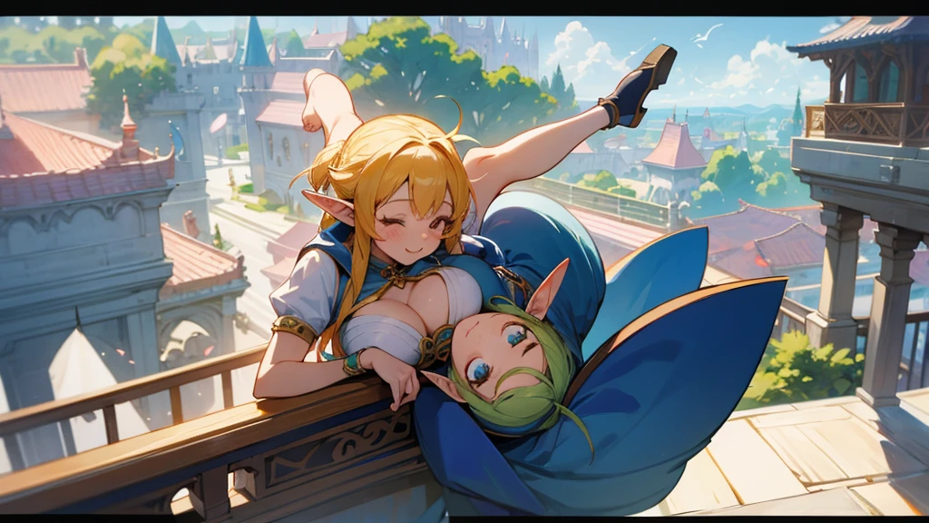 Thick thighs,Anime Style,A detailed background with many people,Magical World,A lively balcony with many people,Smiling bard beautiful elf girl,Upside down,Large Breasts