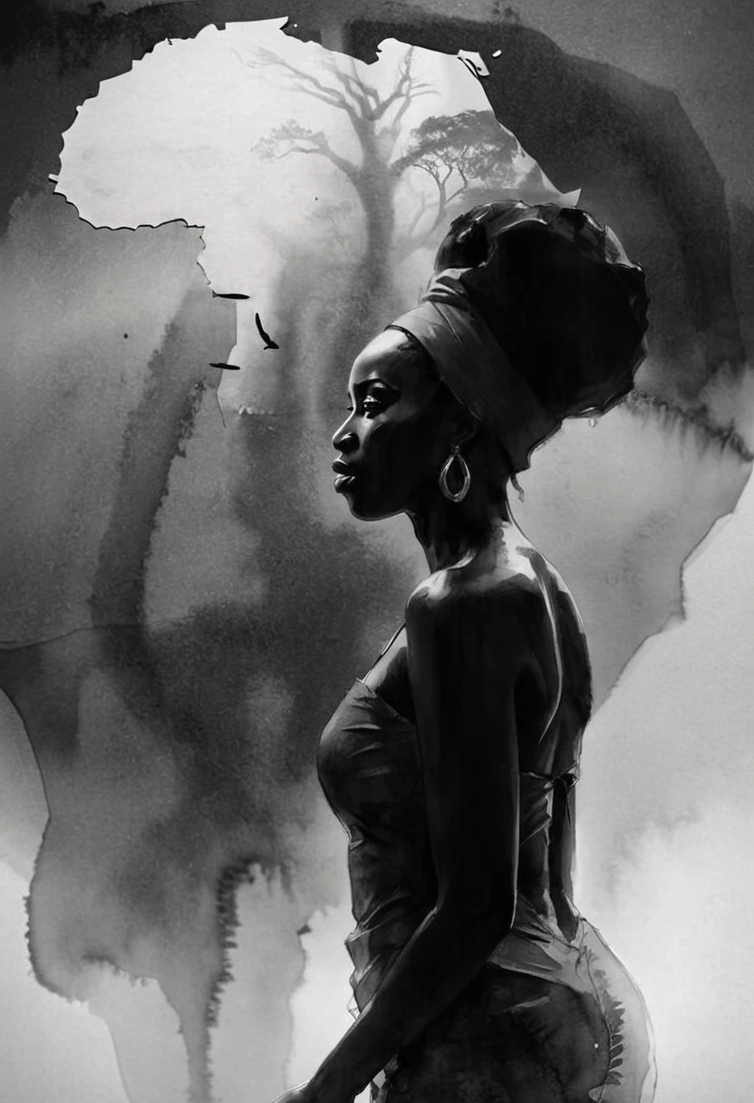 High Quality illustration,ultra detailed, Beautiful picture of A painting of a african beauty, Silhouette, Fog, cinematic shot, haze lighting, 16k, uhd, blurry masterpiece,cinematic, epic, monochrome, ink