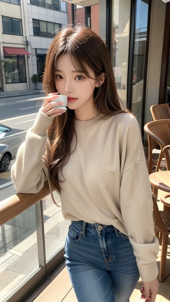 AI beauty wearing a beige sweater and slim fit jeans。Her hair is loosely wavy、Drinking coffee on the terrace of a cafe。