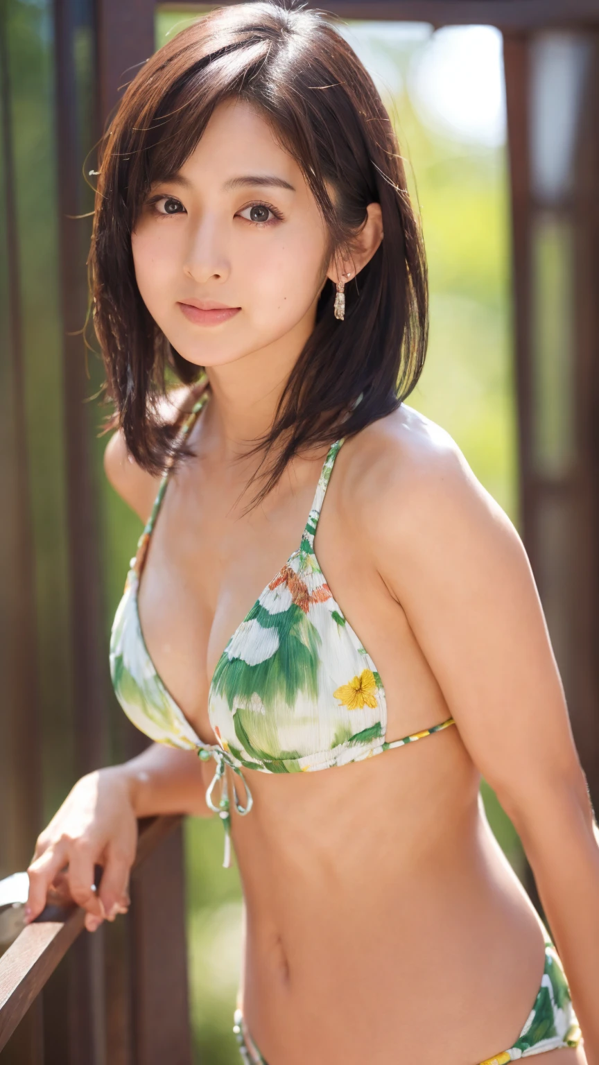 (8K, RAW Photos, Highest quality, masterpiece: 1.2), Super detailed, Super Resolution, (Actual Photos: 1.37),  High-resolution RAW color photos, Professional photos, Official Art, Highly detailed CG Unity 8k wallpaper, Beautiful Japanese Women, Age 25, Highly detailed face, Highly detailed eyes, Highly detailed skin, Highly detailed nose, Highly detailed mouth, Perfect Anatomy, Highly detailed background, Very elaborate clothing, One Girl, Famous Japanese actresses, Realistic body, White skin, Glowing Skin, Slender body, Very small waist, Handsome body, brown hair, {short|length} hair, (鈍い前hair:1.2), Cute face, smile, Realistic Face, bikini、Earrings, looking at the camera, Cowboy Shot, Standing posture, Dynamic Lighting,Thighs、Narrow waist